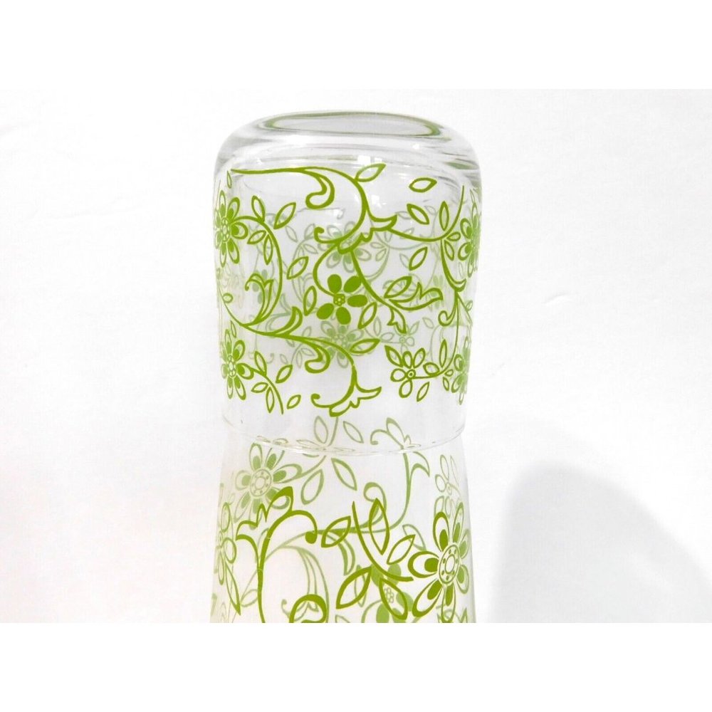 Vintage MCM Bedside Water Carafe and Cup Glass Tumbler  Set Green Clear Retro - Picture 3 of 10